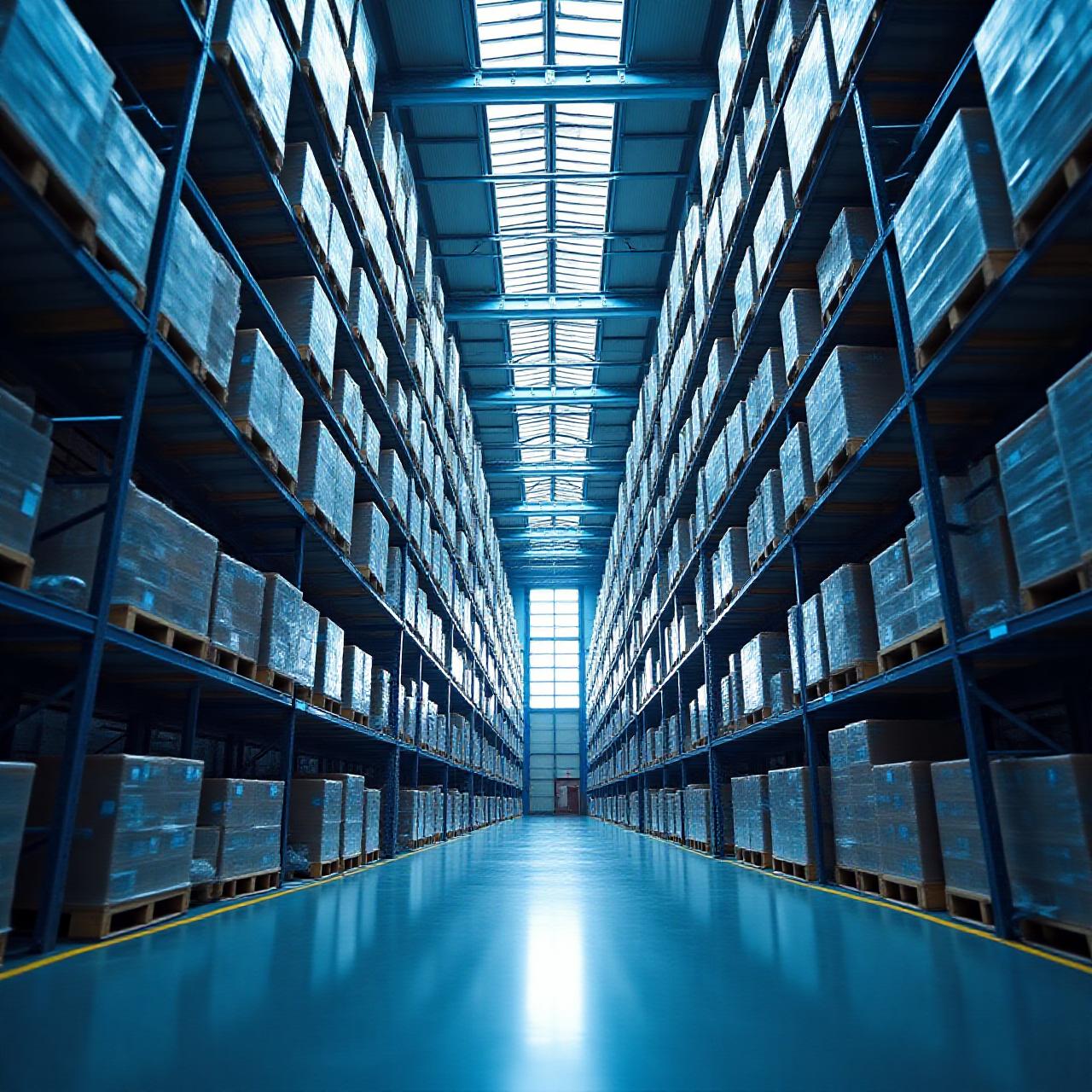 Industrial warehouse interior with massive shelving systems