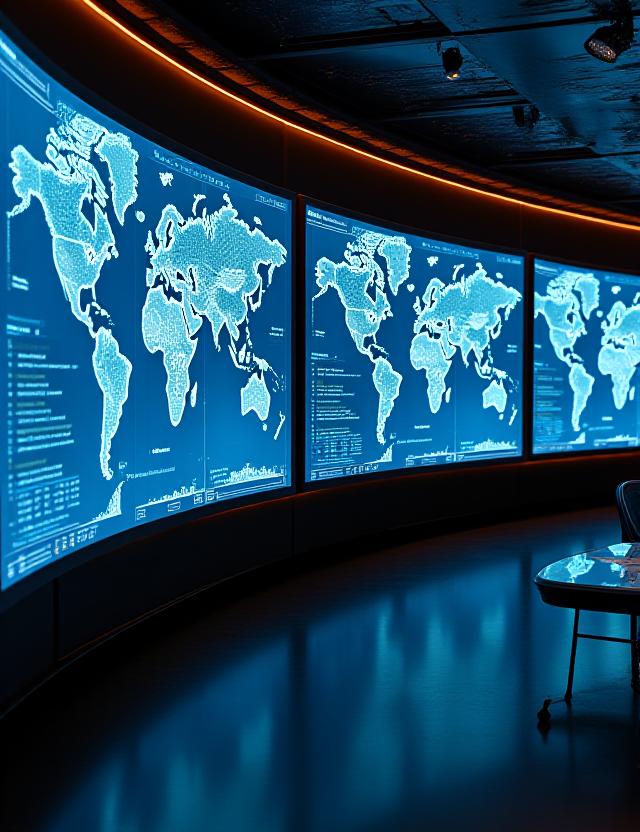 Global logistics control center with digital displays
